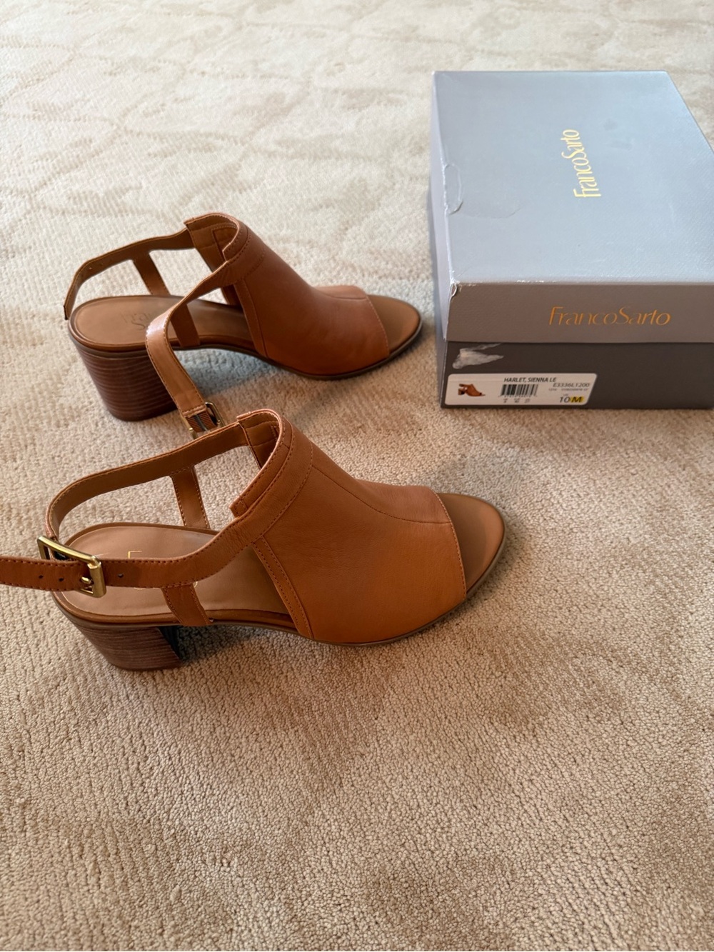 Franco Sarto Cognac Leather Slingback Block Heel Sandals